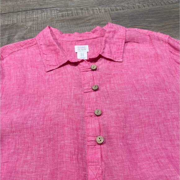 Sigrid Olsen 1X Linen Mandarin Collar Half Button Beach Tunic Top Pink Coastal - Picture 3 of 7